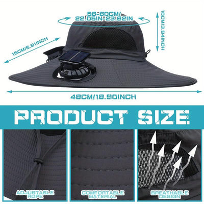 Men'S Sun Hats with 2 One Solar Fan Fishing Hat Wide Brim Sun Hat Outdoor Summer Camping Beach, USB and Solar Powered