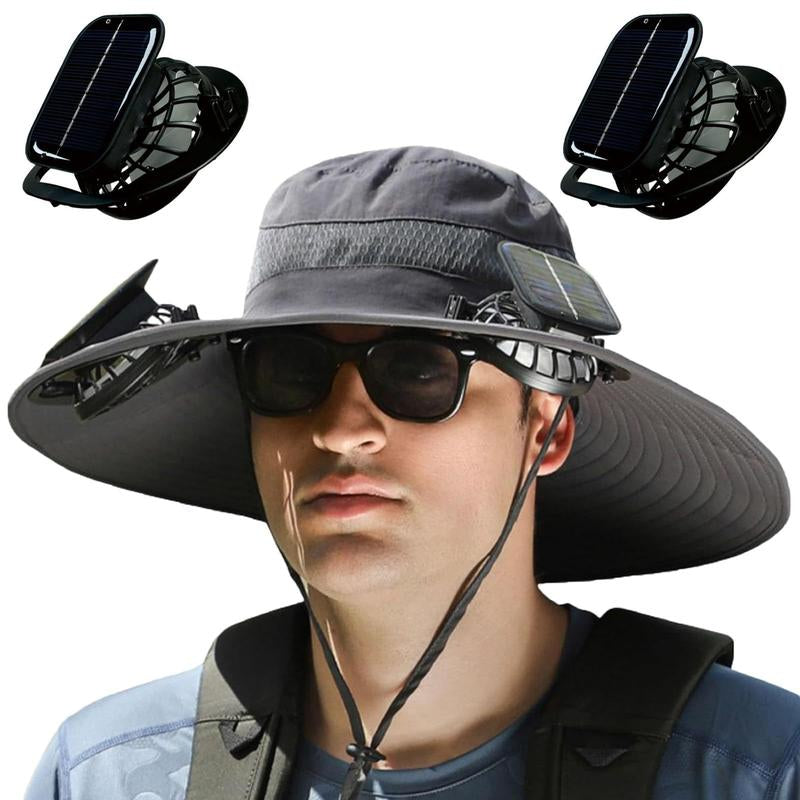 Men'S Sun Hats with 2 One Solar Fan Fishing Hat Wide Brim Sun Hat Outdoor Summer Camping Beach, USB and Solar Powered