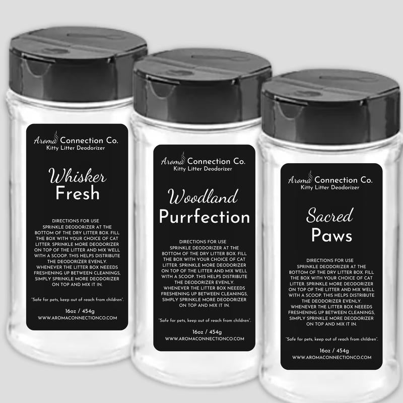 Highly Scented Pet Litter Deodorizer, Bed, Carpet, and Upholstery, 16Oz/450G, Woodland Purrfection Whisker Fresh Sacred Paws Pet Cat