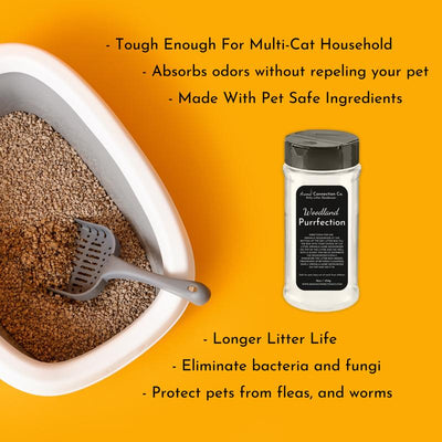 Highly Scented Pet Litter Deodorizer, Bed, Carpet, and Upholstery, 16Oz/450G, Woodland Purrfection Whisker Fresh Sacred Paws Pet Cat