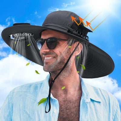 Men'S Sun Hats with 2 One Solar Fan Fishing Hat Wide Brim Sun Hat Outdoor Summer Camping Beach, USB and Solar Powered